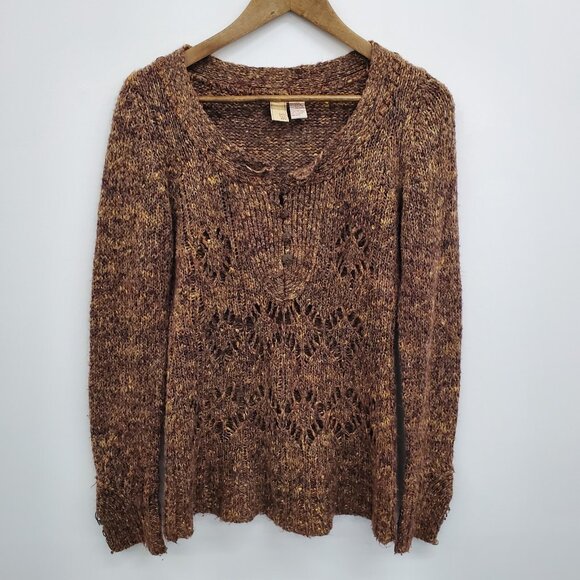 BKE Brown Marled Knit Sweater L 1/4 Button Up Long Sleeve Open Weave Boho - Picture 4 of 16